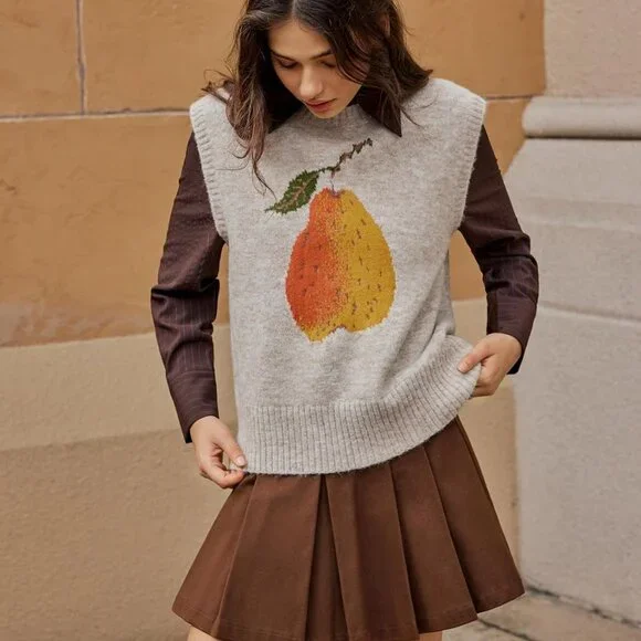 Trendy Khaki Women's Sweater Vest - Sleeveless Knit with Playful Pear Graphic - Picture 4 of 7
